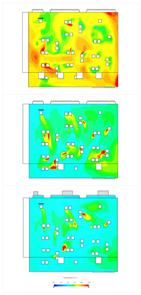 Air quality simulation of a classroom showing the concentration of CO2 in ppm, a leading indicator of ventilation and fresh air supply