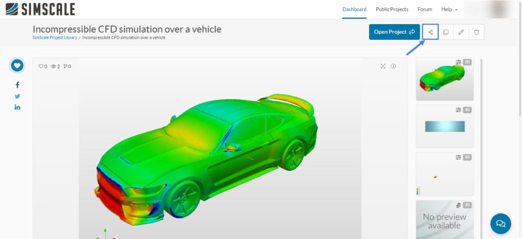 project sharing from the individual project page for collaboration in simscale