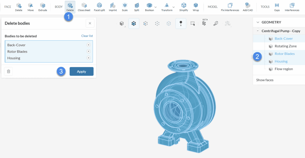 centrifugal pump - delete body operation cad edit simscale