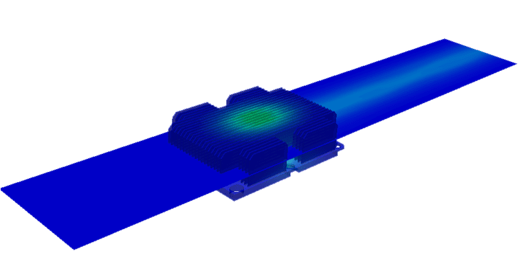  heat sink, temperature contours across the cross-section of the fluid region and the solid domain