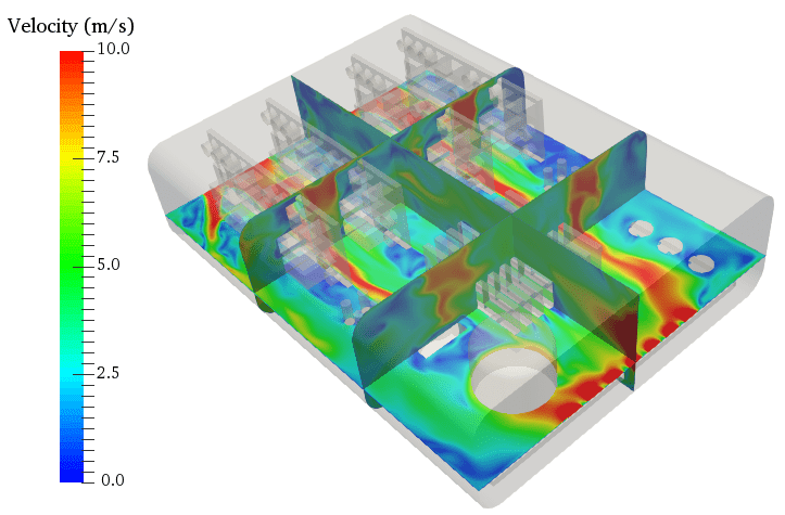 Velocity contours at different fresh air inlet flow rates simulated in the electronics packaging case