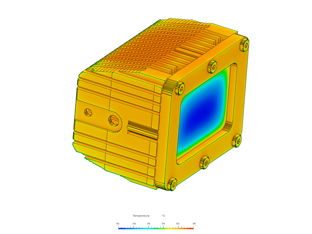 Temperature contour plot on the surfaces of the lamp. The temperatures range from 50 °C to 65 °C.