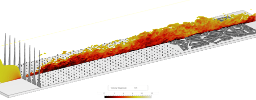 A three-dimensional view of the virtual wind tunnel setup in SimScale. The velocity inlet is from the left.